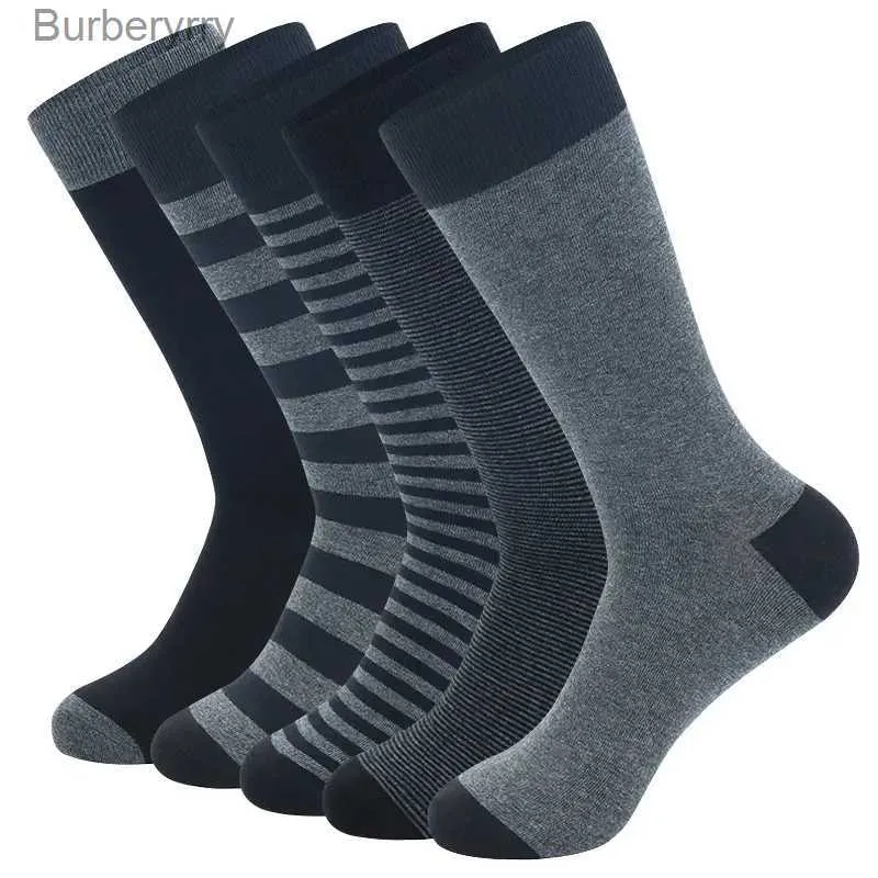 Men's Socks 5 Pairs Large Size Fashion Business Men Dress High Quality Stripe Black Gray Pure Men Cotton Size EU41-L231016