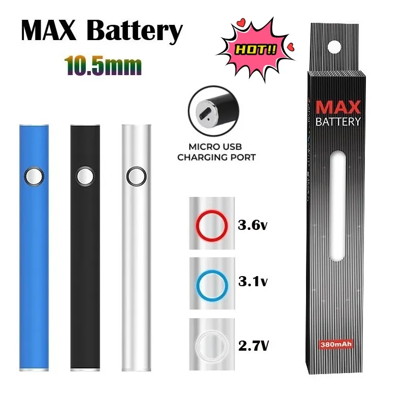 Shenzhen Vape Batterie Authentique Max Batterie 10,5 mm de diamètre Cartouche Batteries USB Passthrough 350mAh Tension de préchauffage VV Vape Pen pour 510 chariots