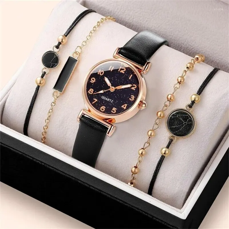 Zegarek 5pcs Zestaw kobiet mody mody swobodny skórzany pasek zegarki proste kobiety gwiaździste niebo okrągły kwarcowy zegar kwarcowy