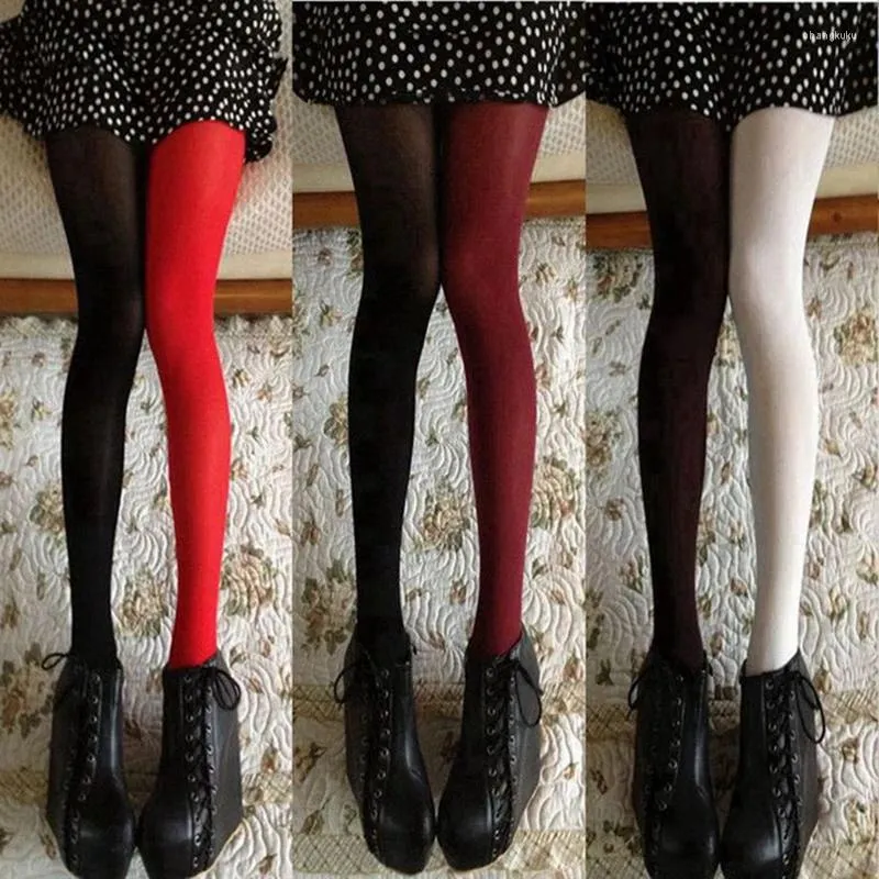 Skarpetki dla kobiet asymetria elastyczne rajstopy pończochy modne rajstopy patchwork stopy elastyczne dwa kolory solidne seksowne pończochy dziewczyny