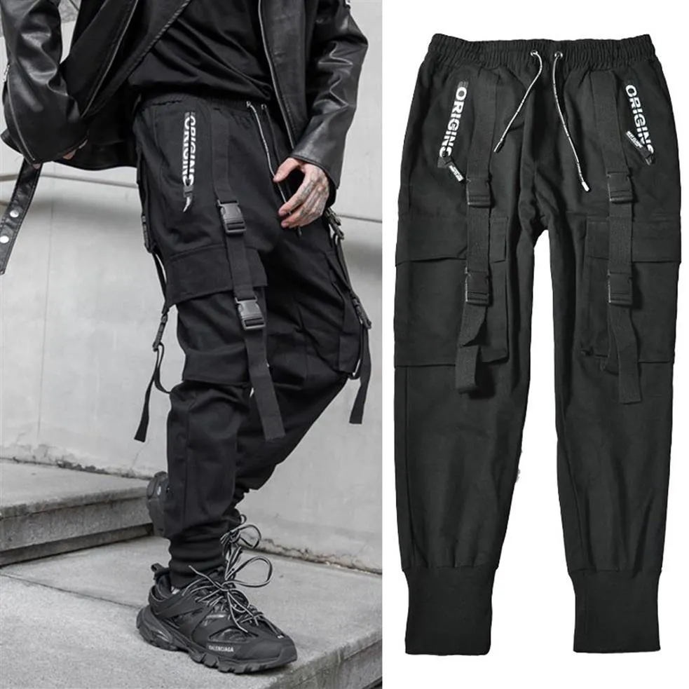 Streetwear Black Harem Jogger Pants Men Hip Hop Pockets Ribbons Drespants Męs