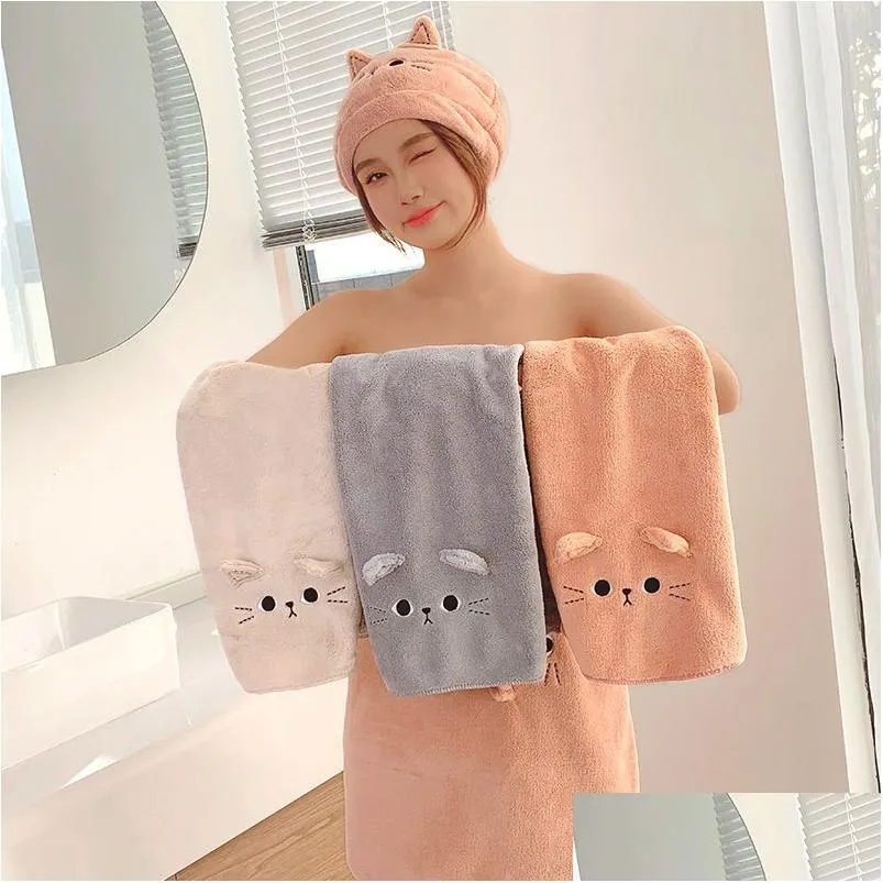 Serviette Femmes Cheveux Microfibre Super Doux Film De Soins Séchage Rapide Absorbant Dessin Animé Chat Écharpe Drop Livraison Maison Jardin Textiles Dhr3O