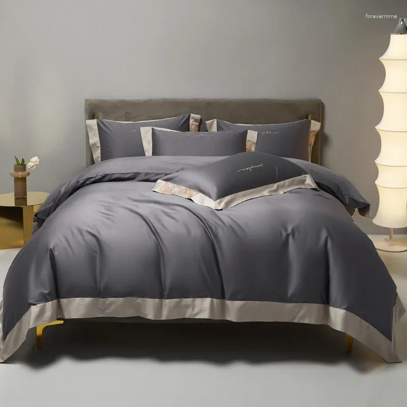 Conjuntos de cama 100s algodão egípcio luxo el estilo cor sólida conjunto bordado capa de edredão folha plana ou fronha cabida