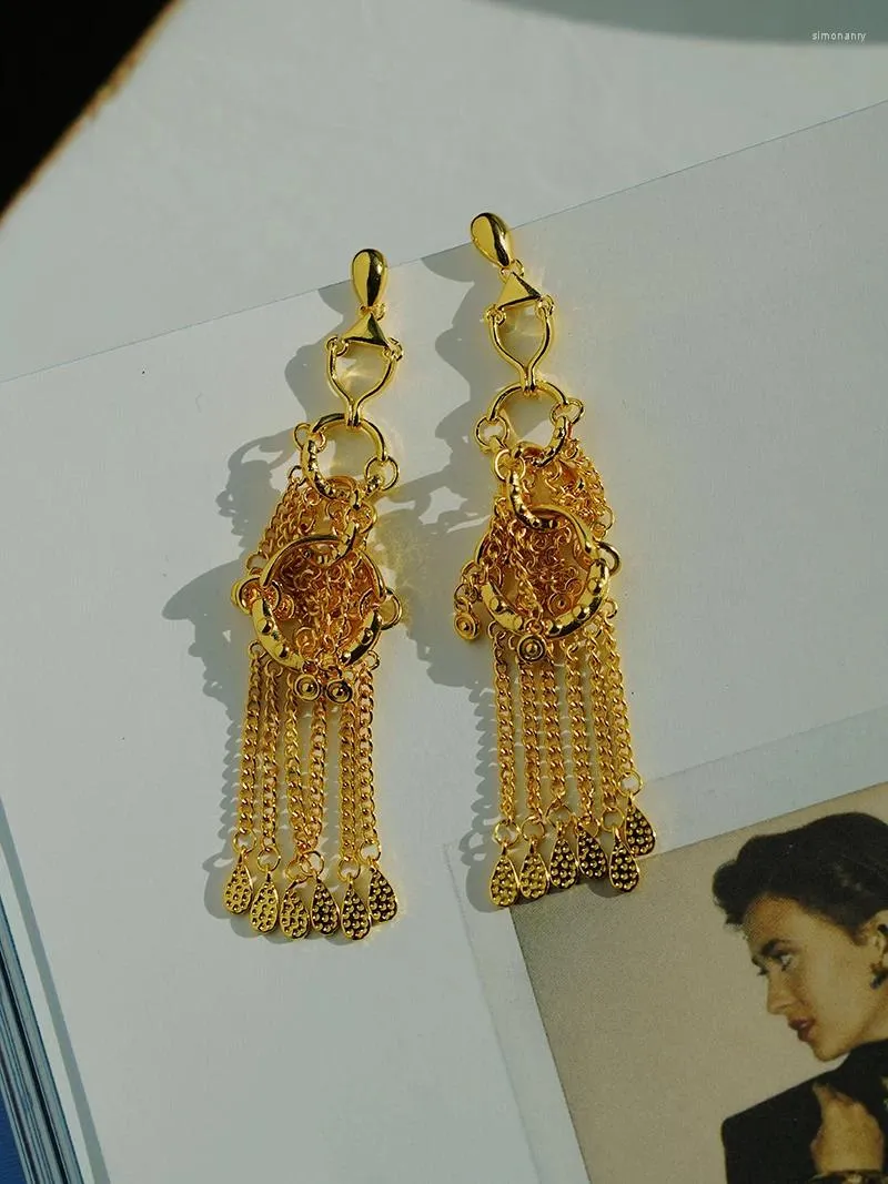 Boucles d'oreilles pendantes pour femmes, Design chinois, Style métallique, Long pampille exagérée, chaîne en forme de larme dorée, bijoux à la mode