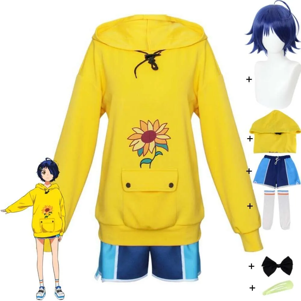 Cosplay Anime Wonder Egg Priority Ohto Ai Cosplay Costume Wig Yellow Suower Hoodie Sweatshirt Sport Pullover Shorts Halloween Suit