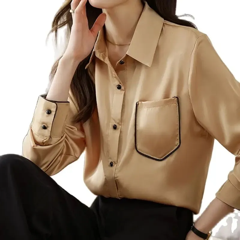 Kadın saten altın düğme gömlek tasarımcısı uzun kollu bluzlar sonbahar kış yaka pisti gündelik çok yönlü gömlekler 2023 ofis bayanlar basit moda üstleri artı boyutu