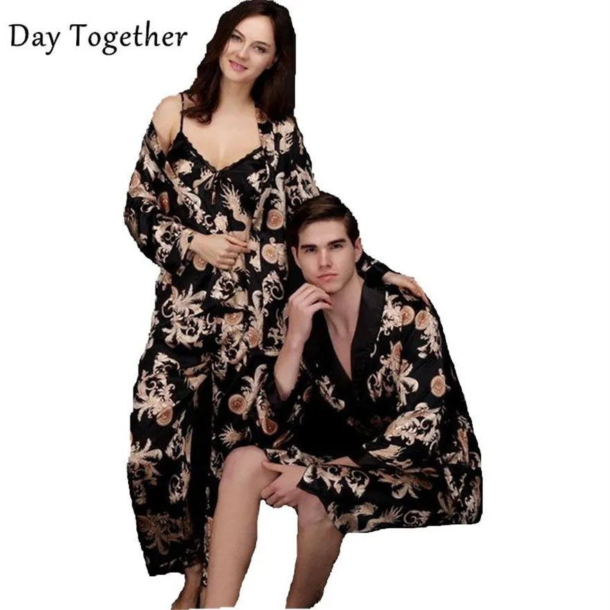 Casal impresso dragão quimono robes homens sleepwears preto seda cetim camisola feminina sexy roupão de banho pijamas pajam2474