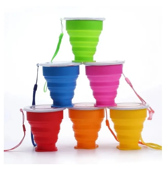 Tasse pliante rétractable portative de Silicone de 200ml avec couvercle, gobelets à boire pliables télescopiques, tasse d'eau de voyage en plein air