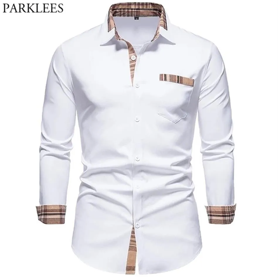 PARKLEES automne Plaid Patchwork chemises formelles pour hommes mince à manches longues blanc boutonné chemise robe bureau d'affaires Camisas 220222258E