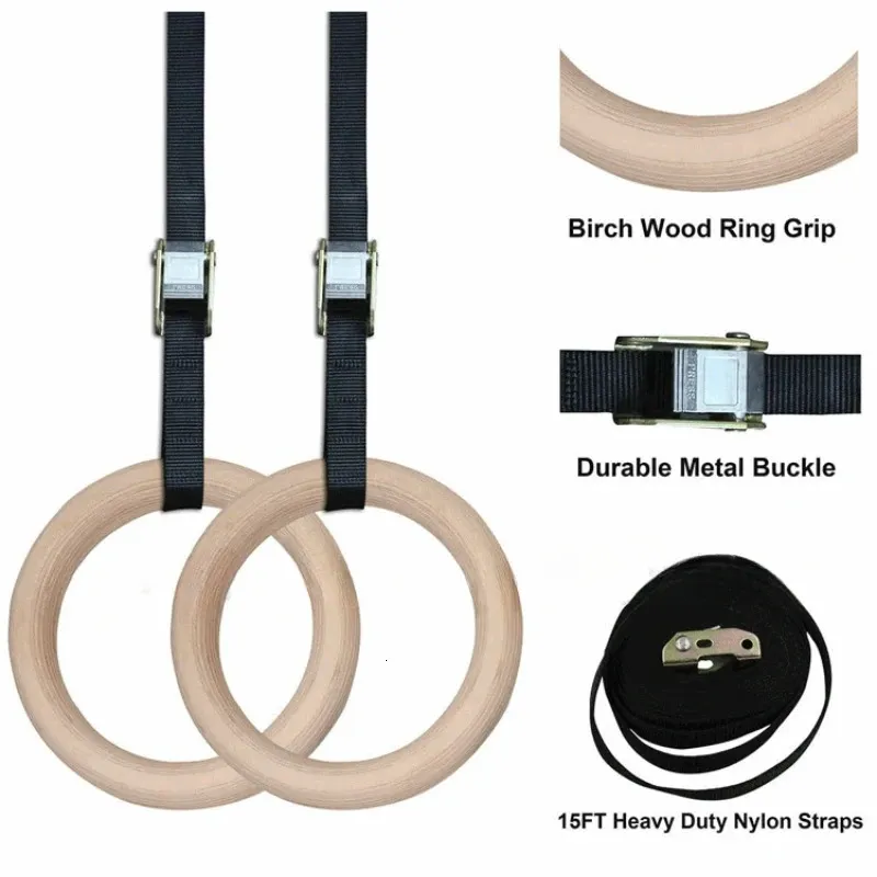 Gymnastic Rings Wooden 28/32MM Fitness Gymnastics Rings with Adjustable Cam Buckle Straps Fitness Home Gym Equipment Strength Training Equipment 231016