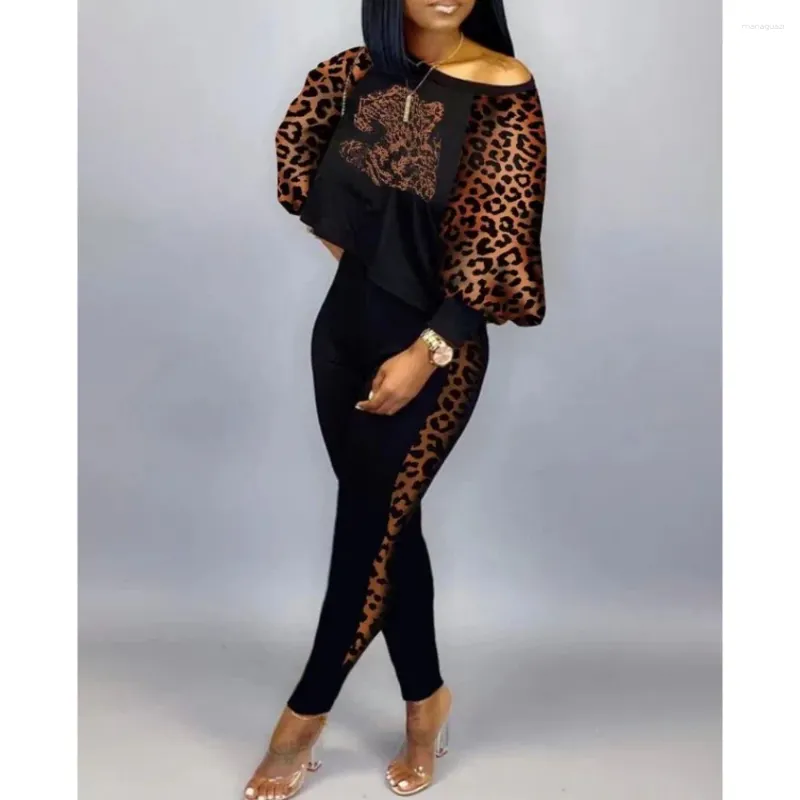 Women's Two Piece Pants HLJ&GG Casual One Shoulder Leopard Printing Sets Women Long Sleeve Top And Skinny Tracksuits Female 2pcs Outfits