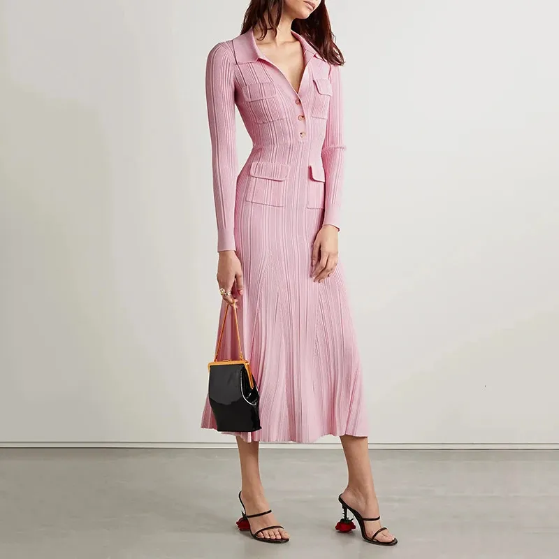 Women Blends pink knitted medium length dress senior sense of fashion temperament polo collar waist skimming long 2023 231016