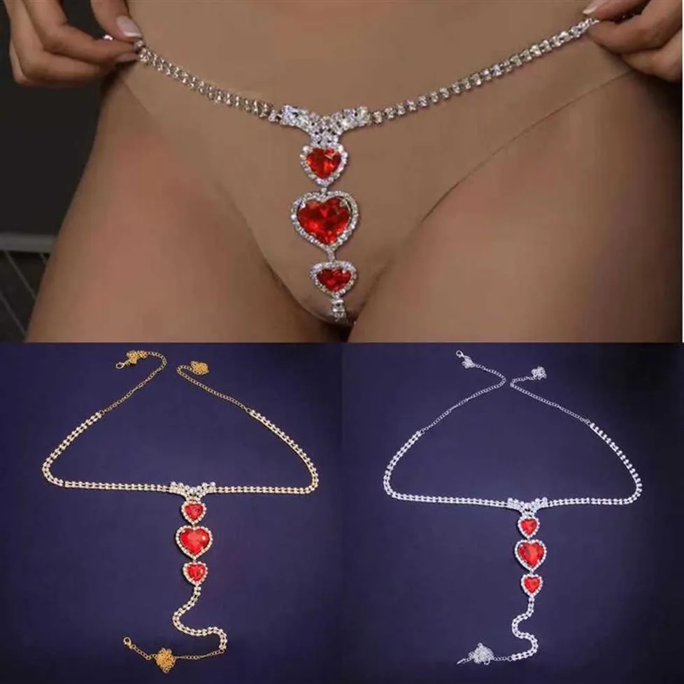 2021 Rhinestone Sexy Bikini Red Heart Underwear Thong Body Jewelry Waist Chains for Girl Luxury Crystal Thong Panties Body Chain P271k