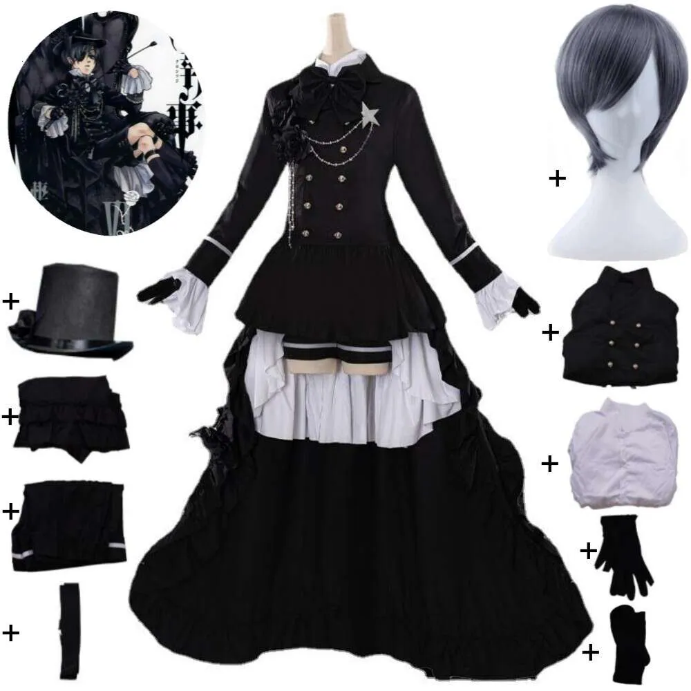 Косплей Аниме Черный дворецкий Kuroshitsuji Ciel Phantomhive Smile Косплей Костюм Парик Пальто Рубашка Шляпа Шляпа Платье для взрослых Костюм на Хэллоуин