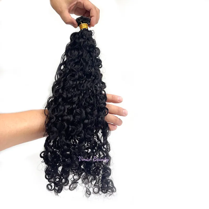 VMAE 100% 풀 큐티클 정렬 소프트 인디언 천연 컬러 1B Afro Kinky Curly Deep Curl Pre Bonded Keratin Fusion 플랫 팁 Raw Virgin Human Hair Extensions