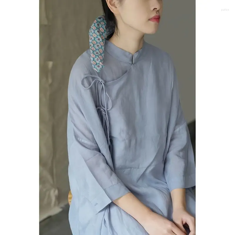 Etniska kläder 2023 Summer Autumn Chinese Blue Qipao Hanfu Zen Ramie Original Dress Art Oriental Graceful Women bekväma