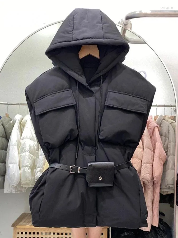 Gilets pour femmes Mode 2023 Veste d'hiver Gilet Femmes 90% Blanc Canard Down Manteau sans manches avec sac de taille Femme Épais Lâche Gilet à capuche