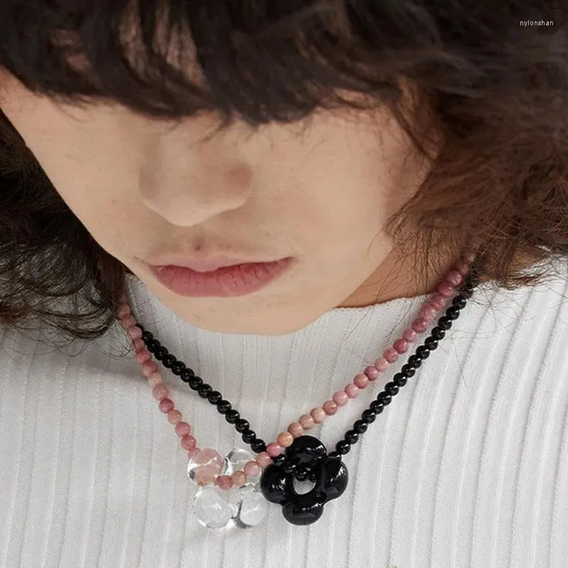Pendant Necklaces LONDANY Necklace Glass Natural Stone Flower Beaded With Simple Retro Red Pattern Black Agate