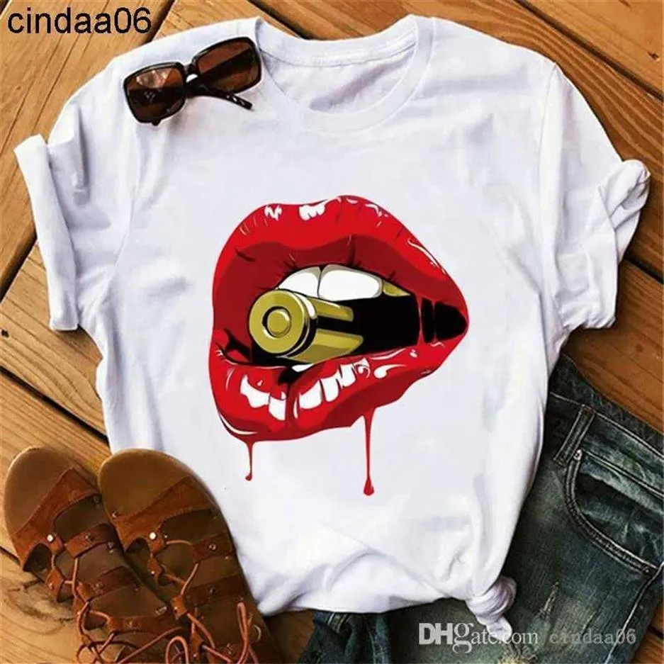 Plus Size Womens T-shirt 4xl 5xl Kort ärm Loose Lip Printed Graphic Tees Top Overdimensionerad trend Tshirt Women288a