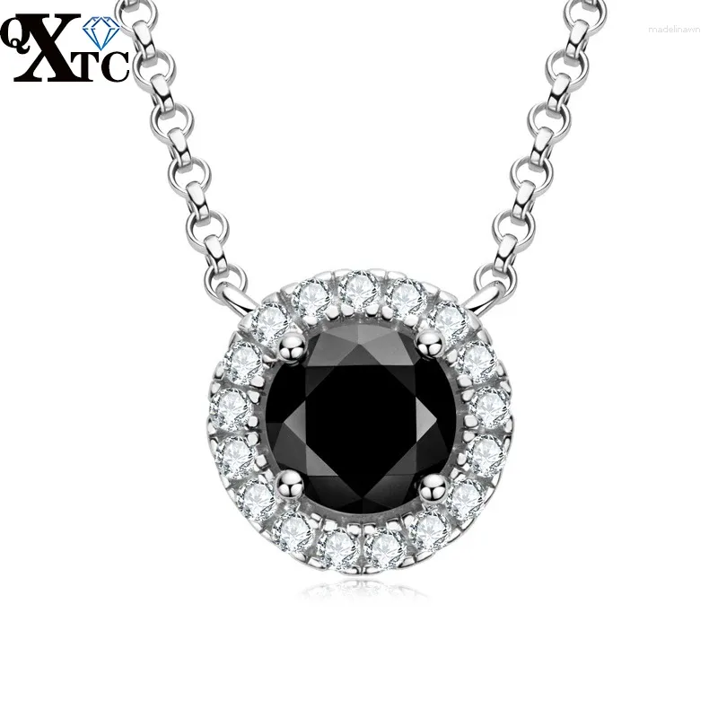 Kettingen QXTC Diamanten Hanger Ketting Voor Vrouwen Ronde Cut 1CT Zwarte Moissanite Echt 925 Sterling Zilver Vintage Fijne Sieraden Gift