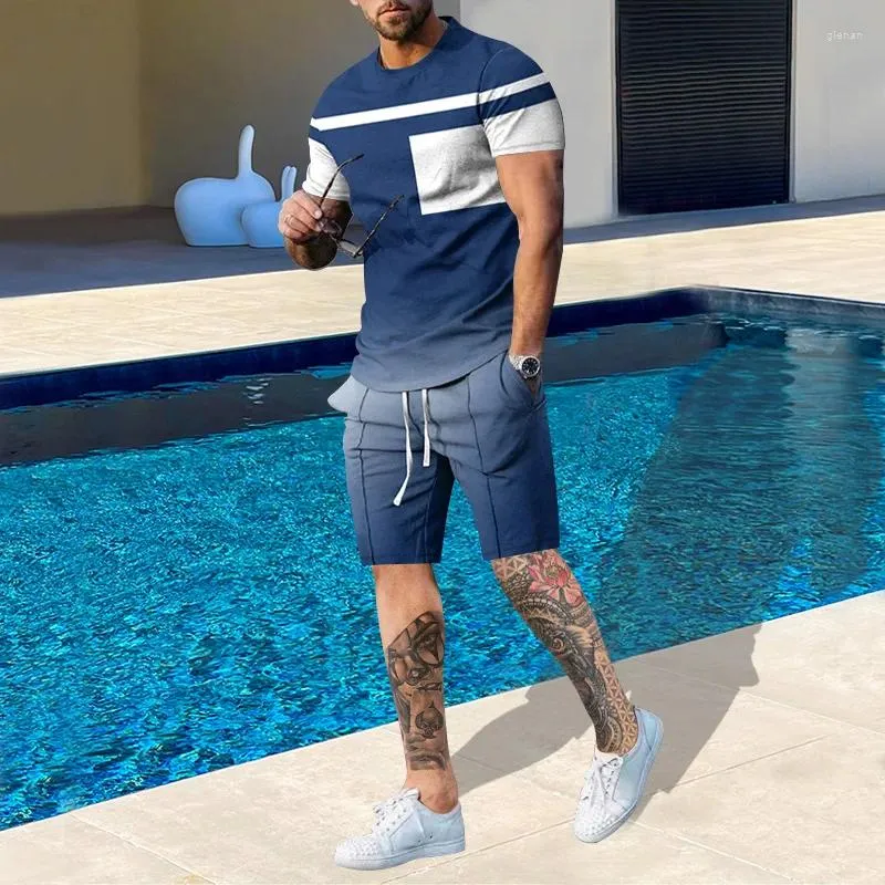 Men's Tracksuits Summer Trend Short Sleeve Shorts Suit M0en's Casual Crewneck 3D Ink Print 2-Piece Beach