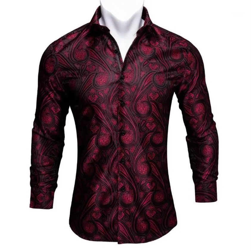 Barry Wang Kırmızı Paisley Parlak İpek Gömlek Erkekler Sonbahar Uzun Kollu Çiçek Gömlek Erkekler İçin Tasarımcı Elbise BCY-011228O