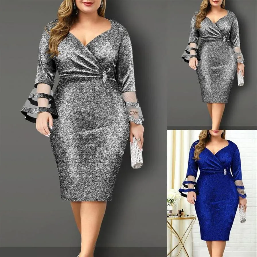 Summer Plus Size High Waist Bodycon Dress Women Elegant Sexy V Neck Bright Silk Mesh Evening Wedding Party Dresses211h