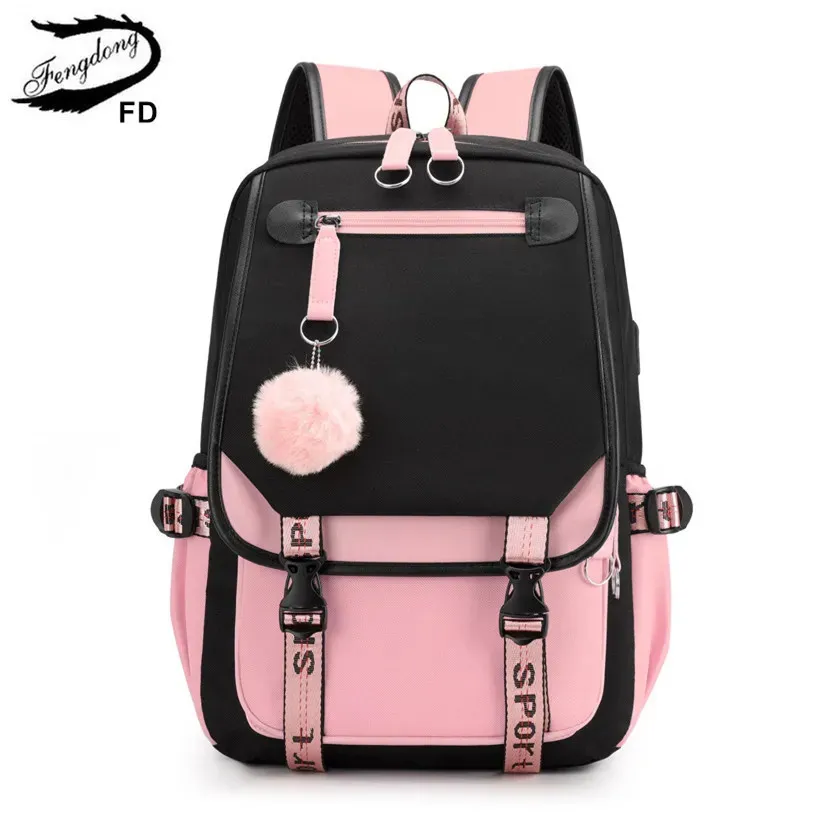 School Bags Fengdong large school bags for teenage girls USB port canvas schoolbag student book bag fashion black pink teen school backpack 231016