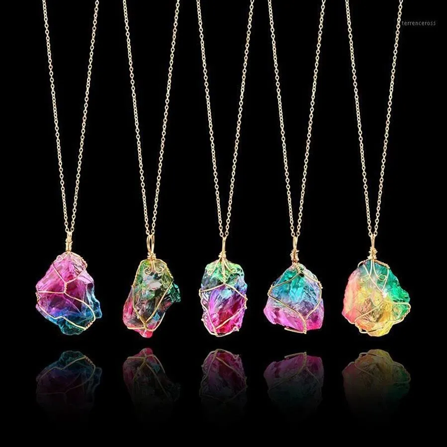 Arco-íris pedra natural pingente colar moda cristal chakra rock colar cor ouro corrente de quartzo longo para mulher gift12832