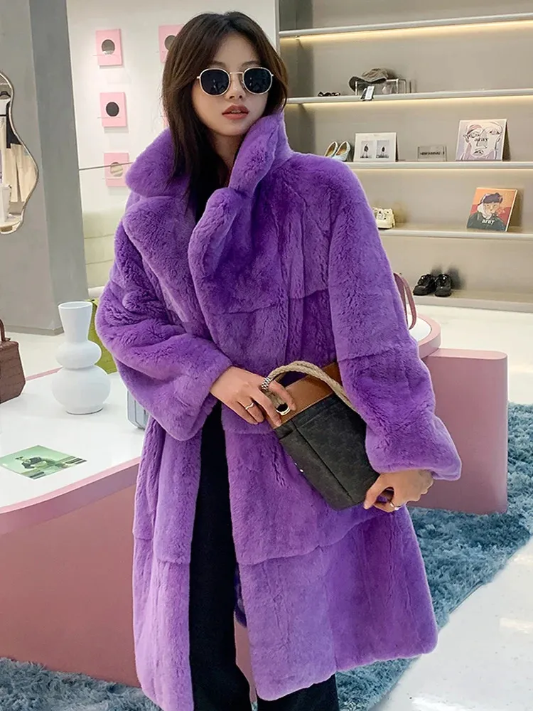 Futro dla kobiet sztuczne sprzedaż Rex Rabbit cały płaszcz z kombinezonem Fashion Fashion Strake Overcoat 100 cm długi fioletowy kurtka Winter 231013