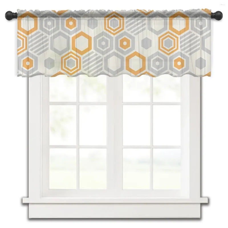 Cortina arte hexágono geometría naranja gris ventana pequeña tul transparente corto dormitorio sala de estar decoración del hogar cortinas de gasa