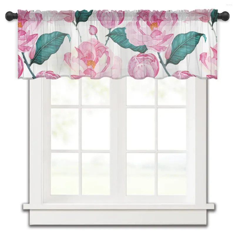 Занавеска с розовым цветком, весенним цветением, короткие прозрачные оконные тюлевые шторы для кухни, спальни, домашнего декора, маленькие шторы из вуали