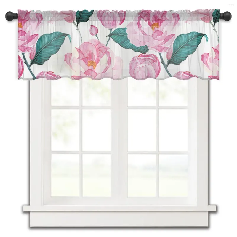 Tenda Fiore rosa Fioritura primaverile Breve finestra trasparente Tende in tulle per cucina Camera da letto Decorazioni per la casa Piccole tende in voile