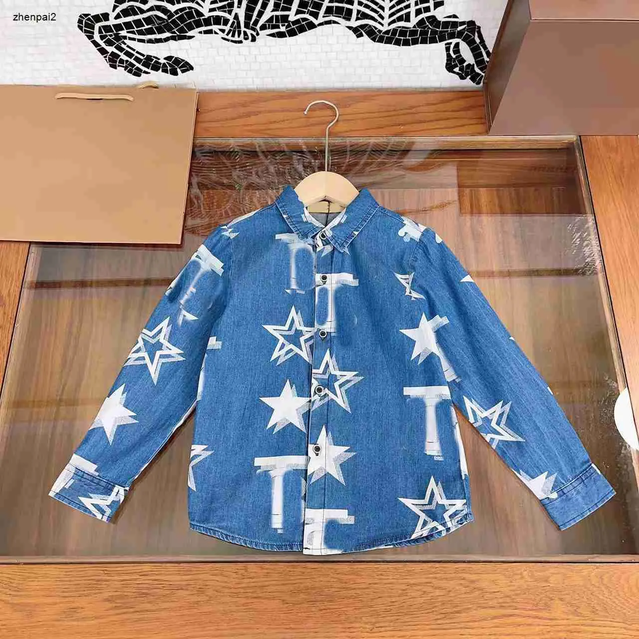 luxe designer baby revers shirt herfst kleding mode kinderen denim top maat 110-160 cm witte pentagram logo print kind blouses aug30