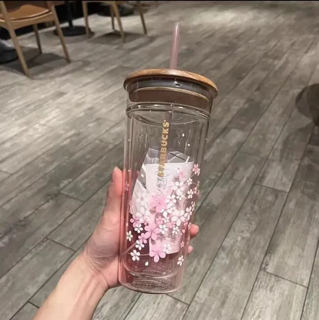 Starbucks Drink Mug Pink Cherry Blossom stor kapacitet Klar frostat dubbelglas med sippy kopp kaffemugg