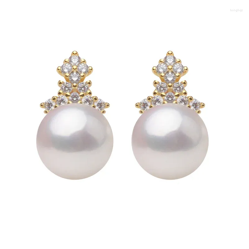 Stud Earrings White Pearl Seawater Ear Hook 18K Gold High Heels Extremely Bright Round Beads CAE54