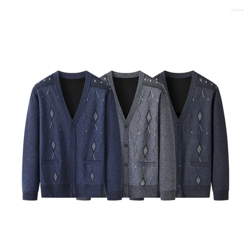 Pulls pour hommes Veste tricotée d'hiver avec motif de diamant Bouton de col en V Cardigan en peluche et pull de mode décontracté épaissi