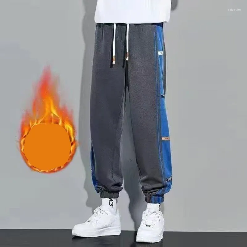 Calças masculinas outono inverno retalhos moda harajuku calças homens todos os jogos solto casual mais veludo sweatpants bolsos roupas masculinas