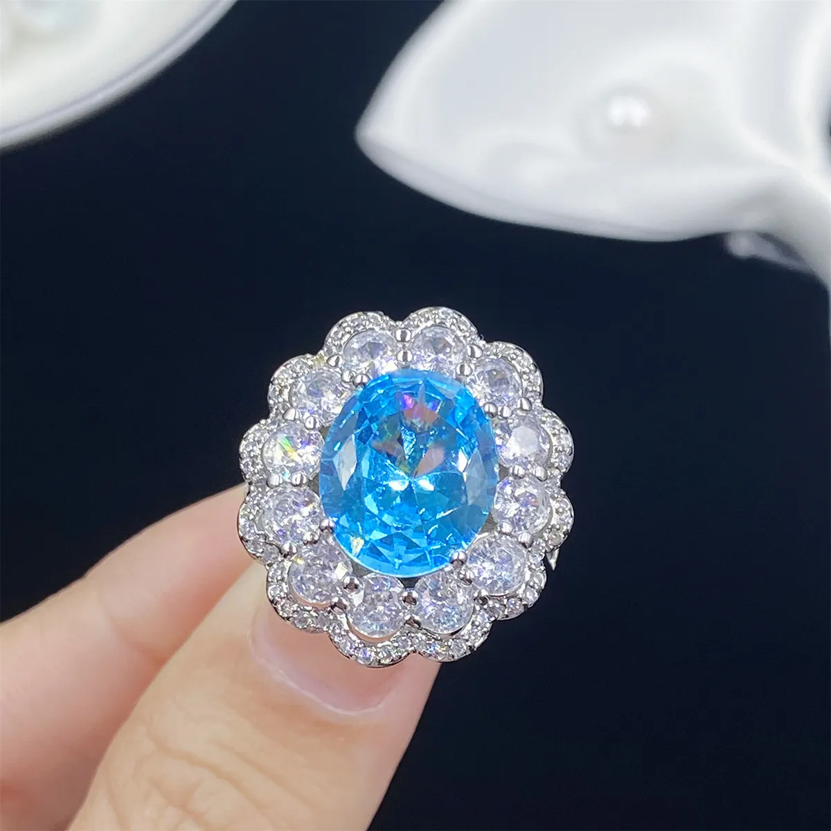 Conjunto de jóias de casamento feminino oco céu azul cristal zircon diamante anel aberto pingente colar brincos namorada festa aniversário presente