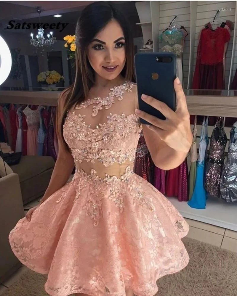 Party Dresses 2023 Peach Color One Shoulder Lace Beaded Ball Gown Mini Cocktail Prom Dress Short Homecoming