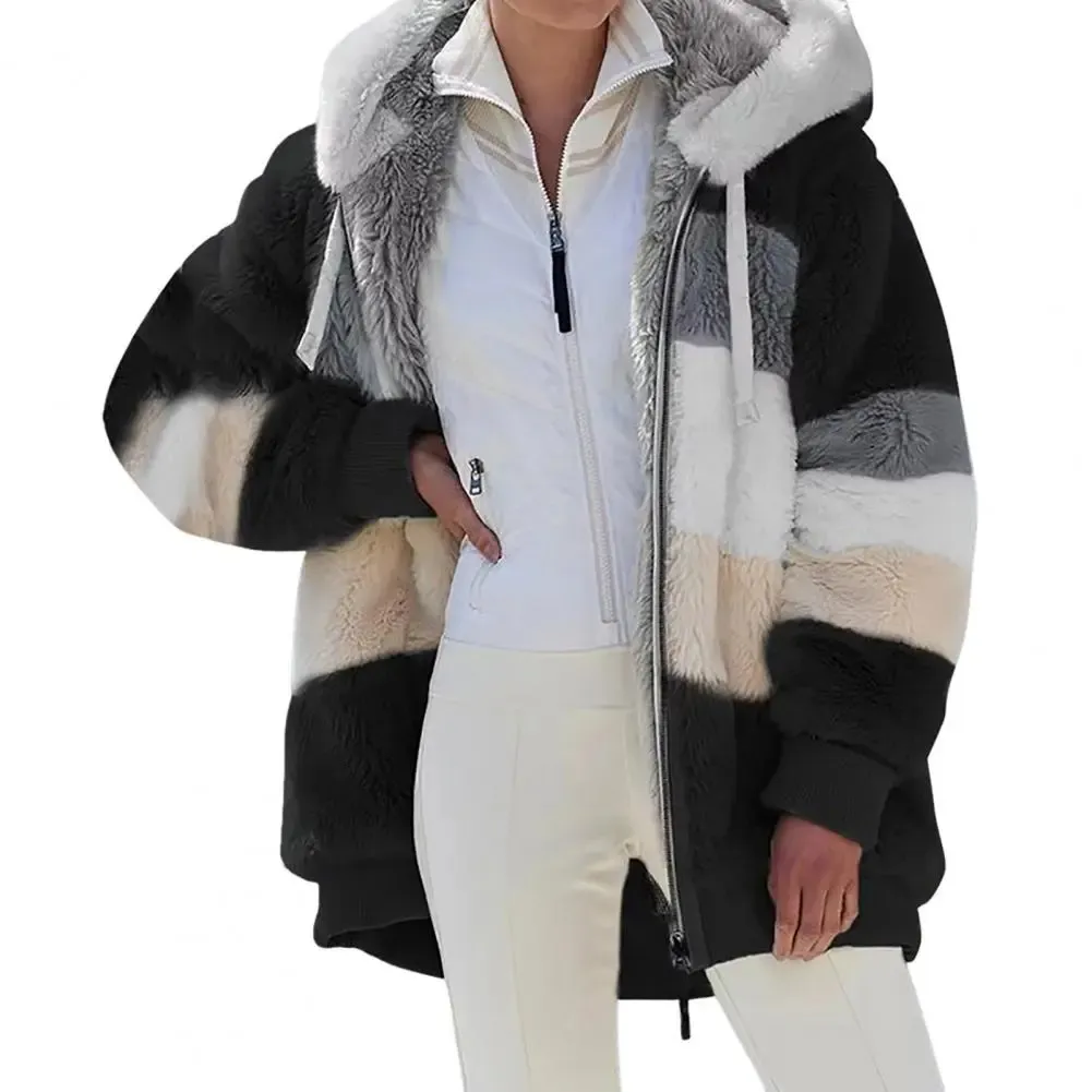 Jaquetas femininas Mulheres Casaco de Inverno Quente Patchwork Zipper Bolso Costura Com Capuz Faux Fur Mangas Compridas Cardigan Peludo Quente Lady Fleece Jacket 231016