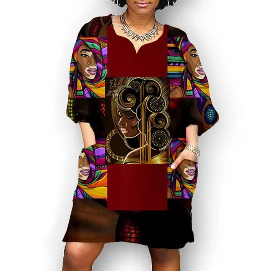 Robes décontractées Femmes africaines Vintage Col V Été Élégant Imprimé floral Patchwork Tunique à manches moyennes Party Mini Dress2948