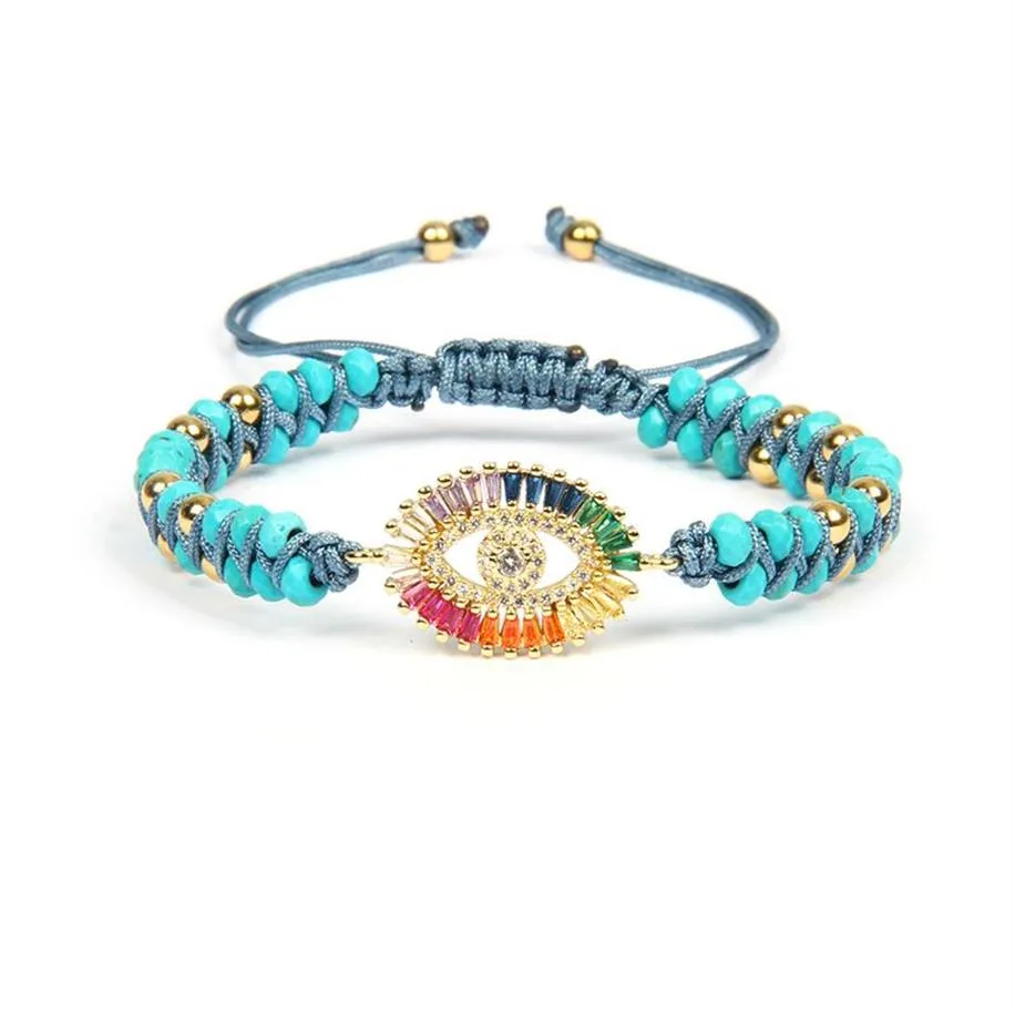 Nouvelle mode arc-en-ciel Cz turc œil porte-bonheur Boho Bracelets tissés Bracelet Unique à la main amitié Bracelet297V