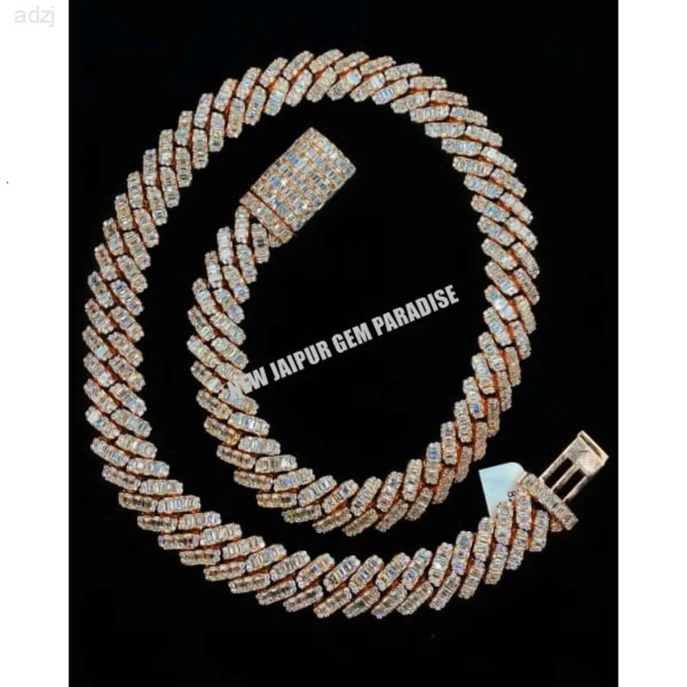 Catena a maglie cubane di qualità pesante da 14 mm Qualità Vvs Taglio baguette Moissanite Diamante Argento sterling 925 Placcato oro rosa Hiphop