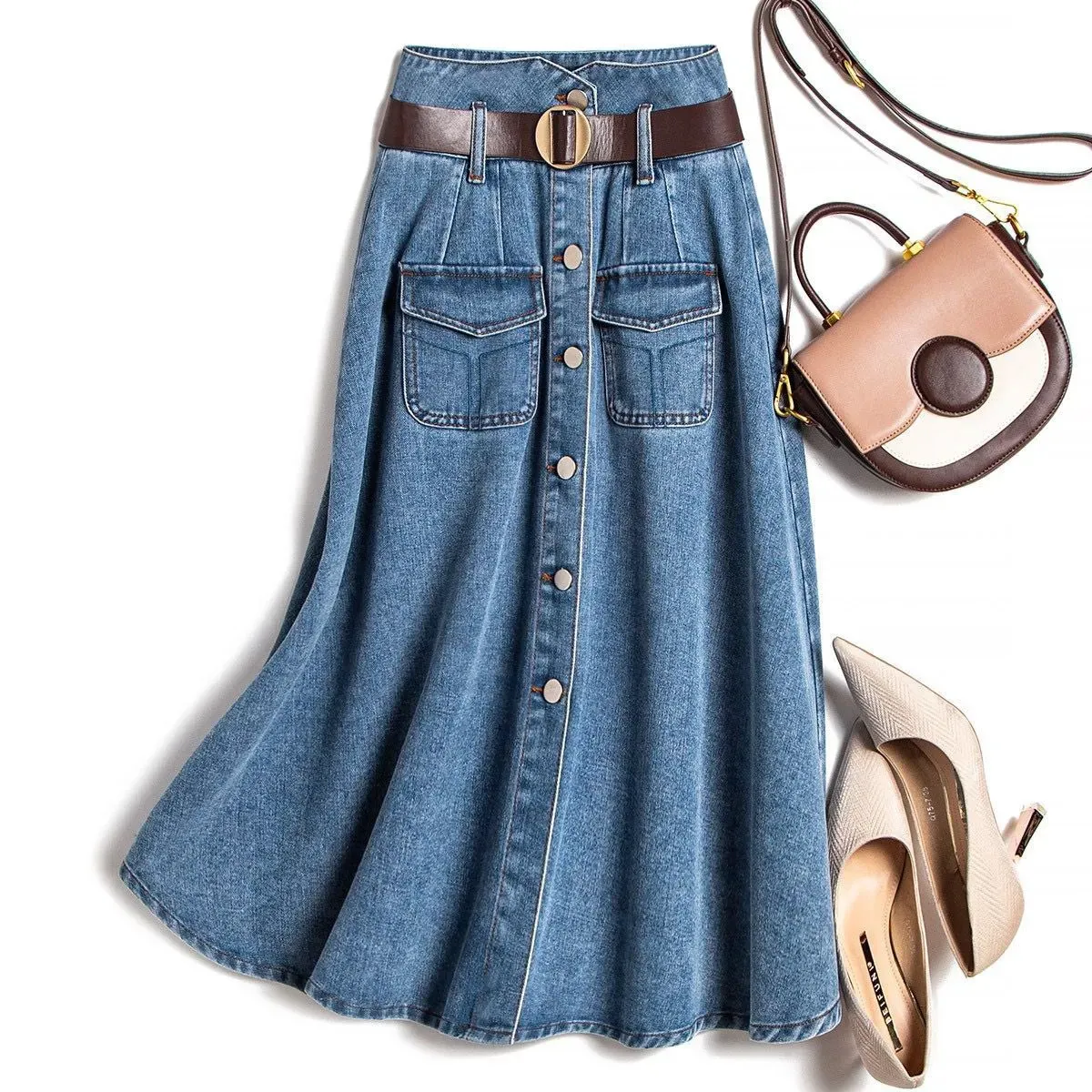 Skirts 2023 Korean Style Spring Summer Type Skirt Women s Fashion Single Breasted Belt Denim 231016