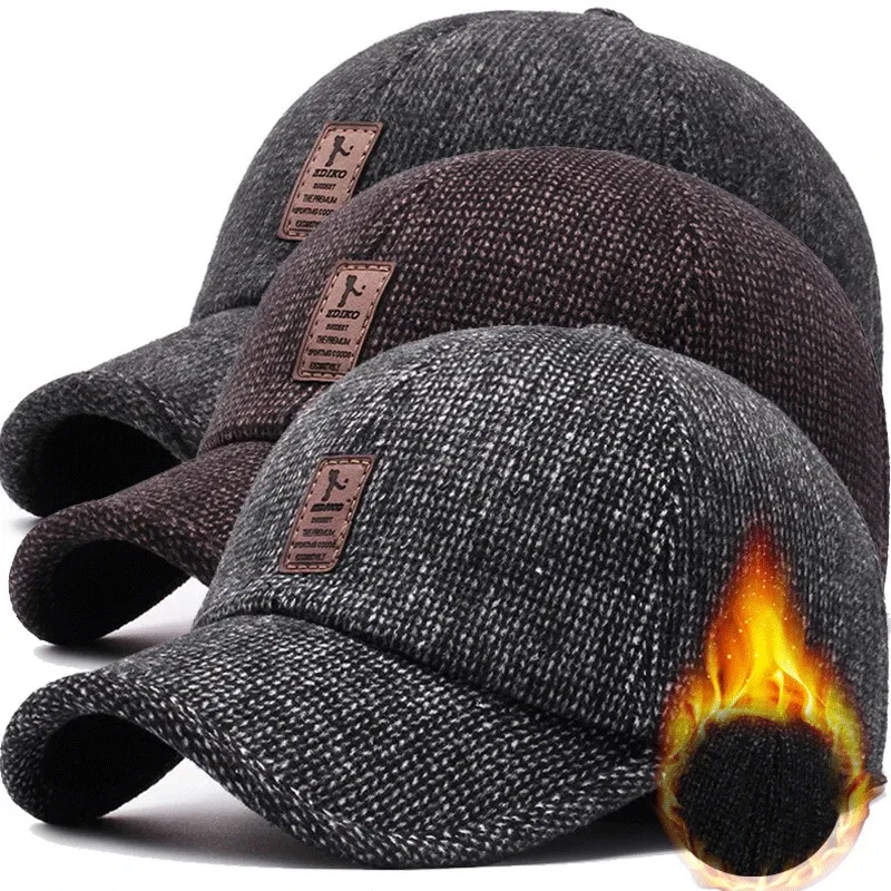 Ball Caps Baseball Cap Woolen Knitted Winter Ear Cover Men Thicken Warm Hats with Earflaps Sport Golf 231016