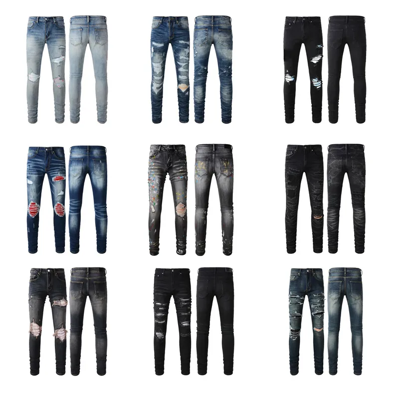 Mens jeans mode långa mager smala jeans berömda varumärke Hip Hop Designer Jeans denim Pant Estruerad Ripped Biker Jean Black Blue Letter Printed Pants Size S-XL