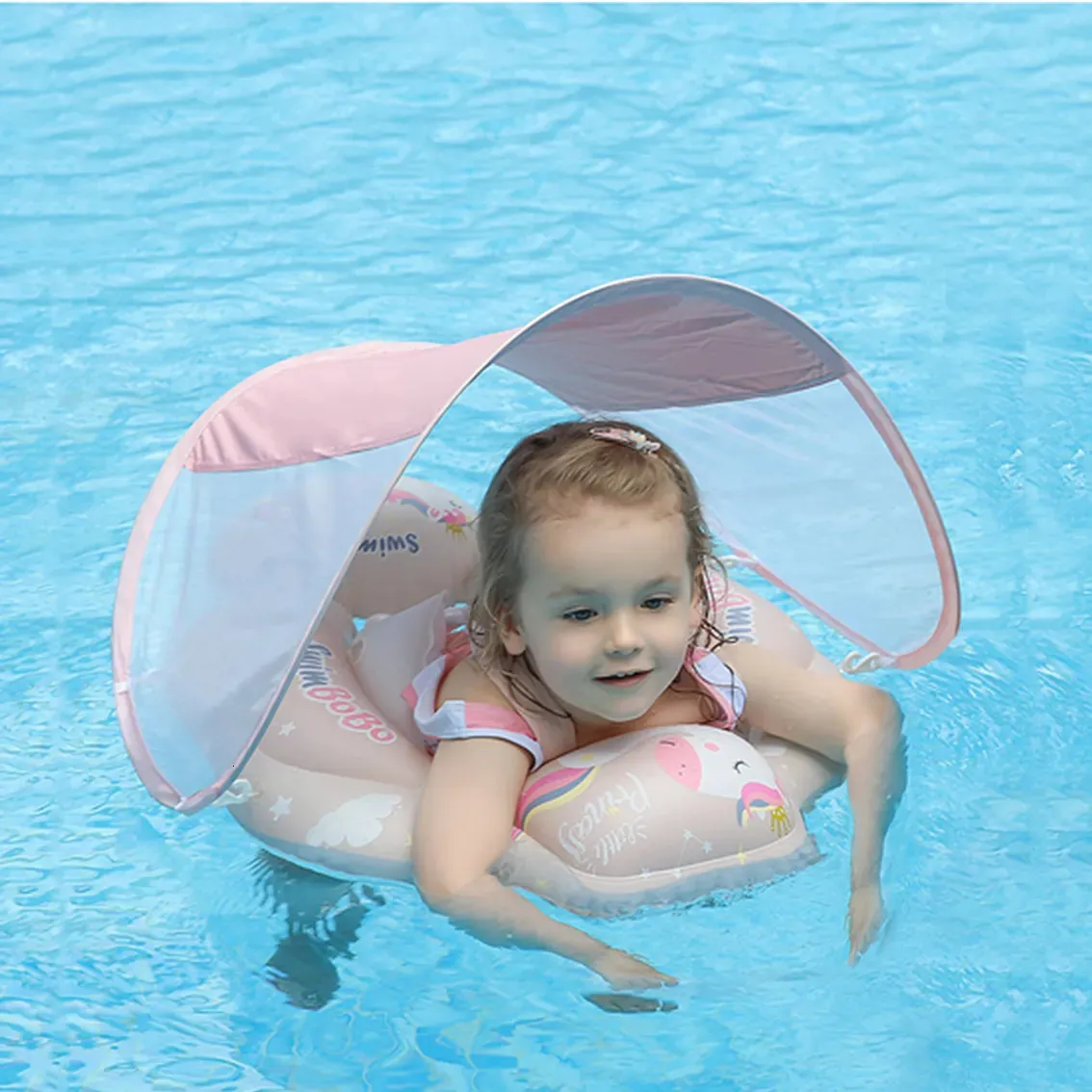 Air inflation toy Baby Swimming Floating Inflatable Ring Baby Swimming Ring With Sunshade Children's Swimming Pool Bathtub Accessories Summer Toys 231017