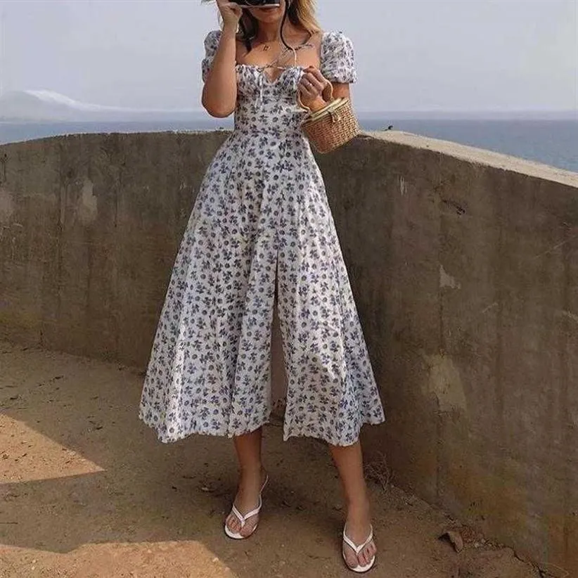 Women Fashion Puff Sleeve Pet High Split Dress Vintage Ladies CottageCore Tallulah Blue White Floral Midi Dress Drop Y240m