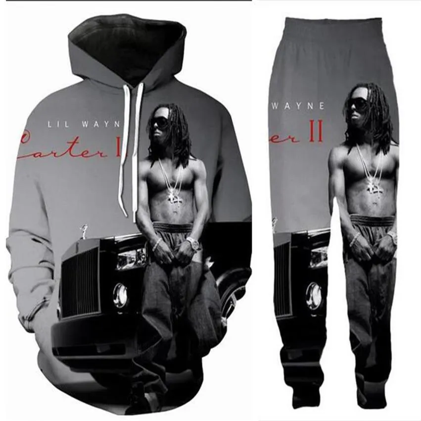 New Men Womens Lil Wayn Funny 3D Print Fashion Tracksuits Crewneck 힙합 스웨트 셔츠 및 바지 2 PCS 세트 후드 TZ010286W